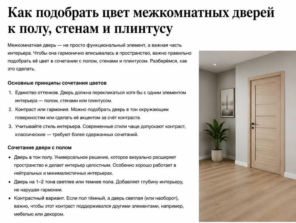 Сочетание цвета межкомнатной двери с полом, стенами и плинтусом